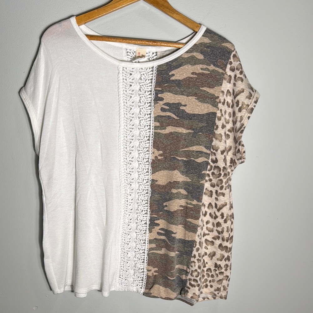 7th Ray White and Brown Dolman Sleeve Boxy Tee
